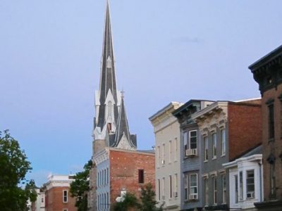 Warren St Hudson NY at dusk looking up town